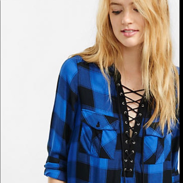 Express Blue And Black Lace Up Shirt